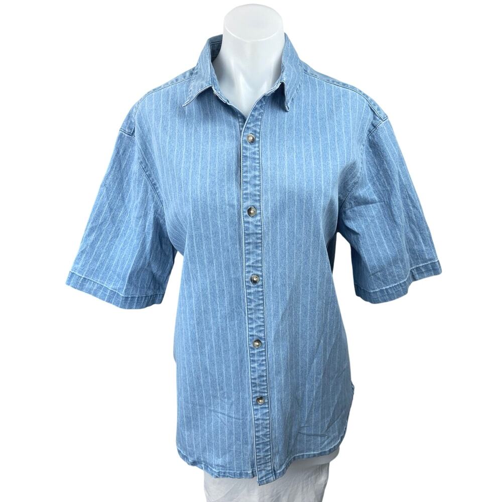 Mango MNG Blue Denim Chambray Pinstriped Button Up Short Sleeve Top Shirt Size S